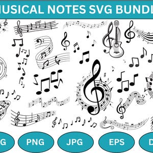 以下が含まれることがあります： 黒い音楽記号のSVGファイルのセット。セットには、トレブルクレフ、音楽記号、五線譜が含まれています。記号は、単音、コード、メロディーなど、さまざまなスタイルで提供されています。SVGファイルは、招待状、カード、その他のクラフトの作成など、さまざまな目的で使用できます。