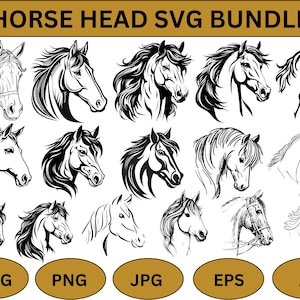 Lot de tête de cheval SVG : dessins de silhouettes, images clipart vectorielles (téléchargement instantané)