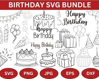 Paquete SVG de cumpleaños: Imágenes prediseñadas de pastel y fiesta (descarga digital)