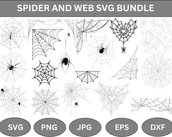 May include: A set of 16 black and white spider web SVG files. The images include various spider web designs, including a heart-shaped web, a web with a spider, and a web with a corner design. The files are perfect for crafting, scrapbooking, and other creative projects.