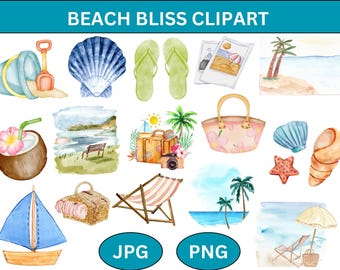 Watercolor Beach Clipart Bundle: Summer Ocean Scenes (Digital Download)