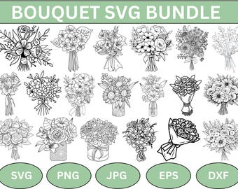 May include: A set of 20 black and white line art illustrations of bouquets of flowers. The bouquets are in various styles and arrangements. The image includes the text "BOUQUET SVG BUNDLE".