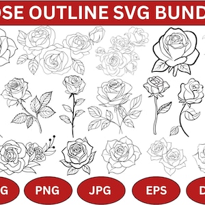 Könnte beinhalten: Ein Set mit 20 schwarzen und weißen Umriss-Rosen-SVG-Dateien. Die Rosen sind in verschiedenen Stilen und Größen, darunter einzelne Rosen, Rosenknospen und Sträuße. Die Dateien sind perfekt für Basteln, Scrapbooking und andere kreative Projekte.