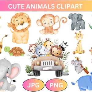 May include: A collection of watercolour clipart featuring adorable animals such as a giraffe, lion, monkey, and elephant. The image includes a safari jeep with animals, a koala, and a hippo. The text at the top reads "CUTE ANIMALS CLIPART".