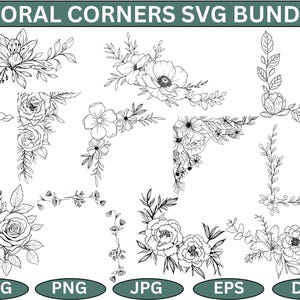 May include: A set of 10 black and white floral corner designs. The designs feature various flowers and leaves, perfect for adding a touch of elegance to your projects.
