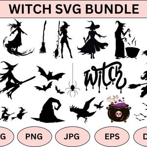 May include: A black and white digital download bundle of 16 witch SVG cut files. The bundle includes witches, bats, brooms, spiders, cauldrons, and the word "Witch".