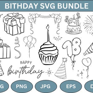 Pacote SVG de Rabiscos de Aniversário, Pacote SVG de Aniversário Fantástico, Tema de Aniversário SVG, Ilustrações de Aniversário Desenhadas à Mão, Arquivos de Corte de Festa para Cricut