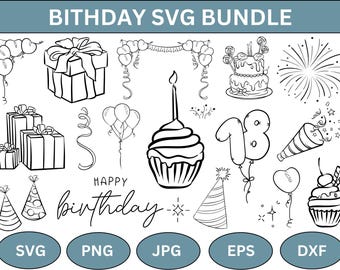 May include: A black and white digital download bundle of 18 birthday SVG files. The bundle includes images of a cake, cupcakes, balloons, gifts, party hats, fireworks, and the text "Happy Birthday".