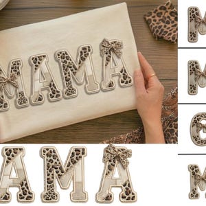 May include: A beige rectangular item with the word "MAMA" spelled out in large, decorative letters. The letters have a leopard print pattern and are accented with small bows. Additional words like "MINI", "GIGI", and "MIMI" are also shown.