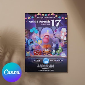 Convite digital para festa infantil, modelo de convite de aniversário editável Inside Out 2, convite para festa de aniversário para impressão, cartão de aniversário para meninos e meninas