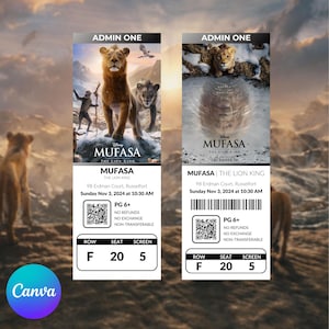 Mufasa Karte | Bearbeitbare Mufasa The Lion King Movie Ticket | König der Löwen Mufasa Kinokarten Vorlage | Mufasa Film 2024 | Leinwand von Mufasa