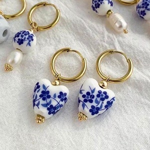 Blue White Floral Earrings | Delft Blue Hoop Earrings | Dainty Blue Porcelain Earrings | Perl Vintage Earrings | Heart Earrings