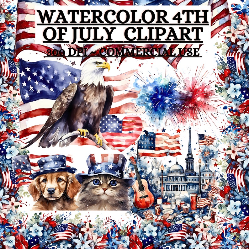 Watercolor Fourth of July Clipart Bundle- 140 DIGITAL PNG Graphics for ...