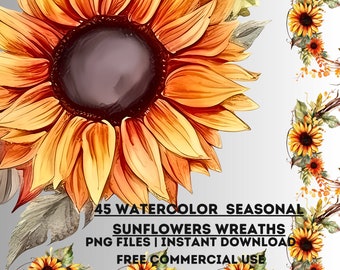 Watercolor Sunflowers WreathClipart - Spring, Summer, Autumn Sunflower Floral Wreaths in PNG format instant download -  Cards, Scrapbook