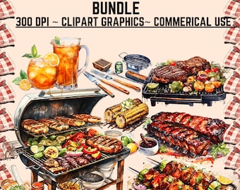 134 Watercolor BBQ Clipart Bundle - Barbecue clipart, Summer Barbecue, Food Clipart, Grill Clipart, Digital PNG Download For Commercial Use