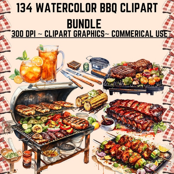 134 Watercolor BBQ Clipart Bundle - Barbecue clipart, Summer Barbecue, Food Clipart, Grill Clipart, Digital PNG Download For Commercial Use