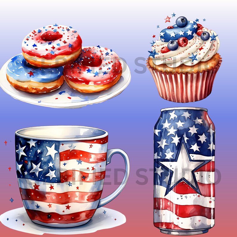 Watercolor Fourth of July Clipart Bundle- 140 DIGITAL PNG Graphics for ...