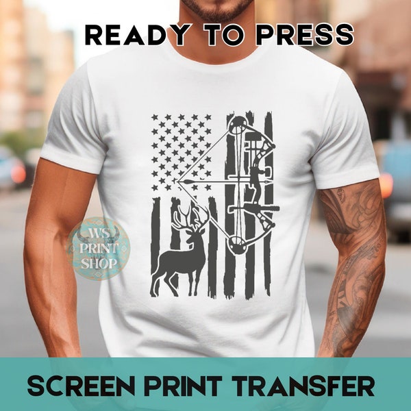 Screen Print, American Flag Bow Deer Hunting, Screen Print Transfer, Ready to press, Ready to ship