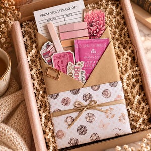 May include: A gift box containing a library card with the text FROM THE LIBRARY OF, a pink pen, sticky notes, a floral bookmark, a Harney & Sons raspberry herbal tea packet, stickers, a gold book-shaped paperclip, and a wrapped gift with a bow.