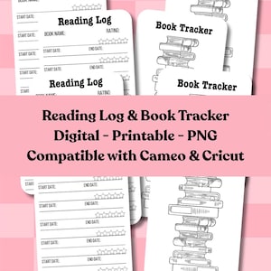 Peut inclure: Cartes numériques imprimables de suivi de lecture et de suivi de livres. Les cartes présentent un design minimaliste avec un espace pour le nom du livre, l'évaluation, les dates de début et de fin. Les cartes de suivi de livres ont une illustration d'une pile de livres.