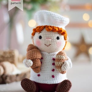 Amigurumi crochet Baker pattern. Crochet doll-cook with croissant and bread