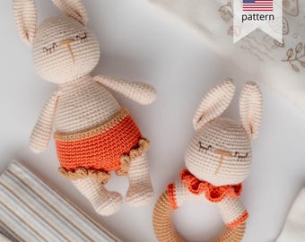 Amigurumi crochet Bunny pattern, 2-in-1. Crochet toy and rattle for a baby