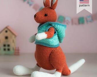 Amigurumi Crochet Kangaroo pattern. Crochet toy in a sweatshirt.