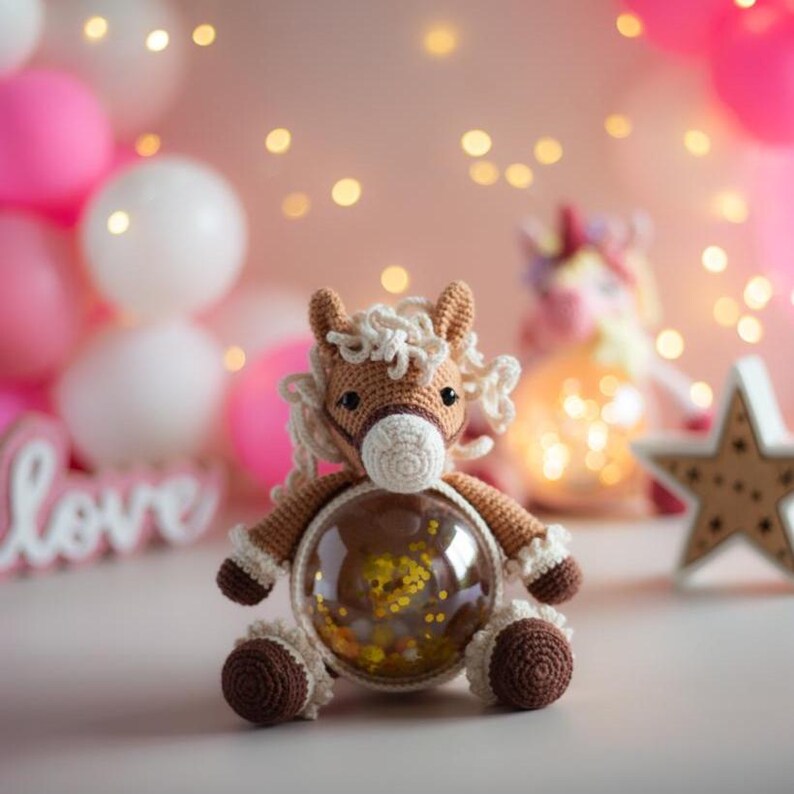 May include: A handmade crochet horse toy with a clear, round belly filled with yellow confetti. The horse is brown with a white muzzle and mane. The background includes pink and white balloons and a wooden star.
