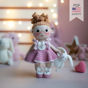 Amigurumi Crochet Doll. Baby Girl with Bunny. Crochet Pattern in PDF.