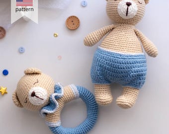 Amigurumi Häkelanleitung Bär, 2-in-1. Gehäkeltes Spielzeug und Rassel für ein Baby