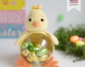 かぎ針編みのひよこ編みぐるみのパターン：卵かご付きイースター