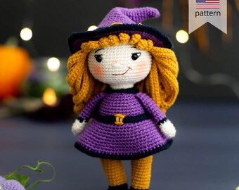 May include: Crochet pattern for a purple and yellow witch doll with a black hat. The pattern is available as a PDF download.