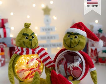 Amigurumi crochet pattern Grinch. Crochet decoration for Christmas holidays.