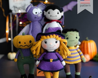 Halloween Crochet Pattern 5-in-1: Witch, Vampire, Pumpkin, Frankenstein, Bat (PDF)