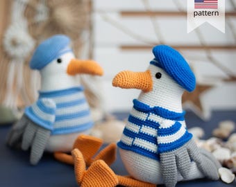 Crochet seagull sailor. Crochet bird pattern in PDF format.