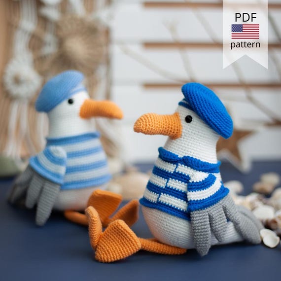 Crochet seagull sailor. Crochet bird pattern in PDF format.