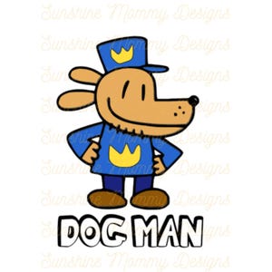以下が含まれることがあります： 青い警察の制服と黄色の王冠のエンブレムを着た犬のようなキャラクター、Dog Manの漫画イラスト。キャラクターは笑顔で、テキスト「DOG MAN」が下にあります。