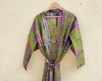 Handmade Silk Tie Dye Kimono Robe: US 14-20, Pockets