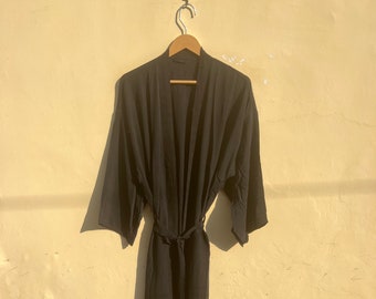 Black Silk Tie Dye Kimono Robe: US 14-20, Beach Cover-Up