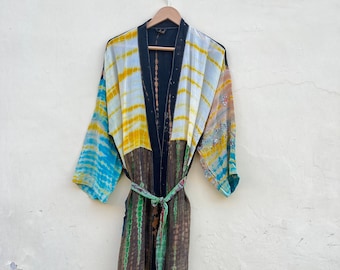 Hand Dyed Silk Kimono Robe: Tie Dye Long Dress, US 14-20