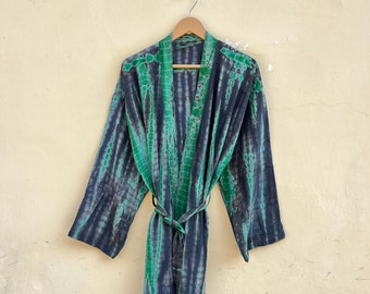 Hand Dyed Silk Kimono Robe: Long Tie Dye Nightwear, US 14-20