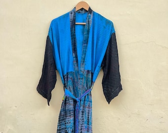 Tie Dye Silk Kimono Robe: Recycled Saree, US 14-20