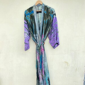 Peignoir kimono en soie tie-dye : sari teint à la main, 14-20 États-Unis