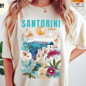 Santorini Greece T-Shirt: Watercolor Floral Sunset, Greek Island Vacation