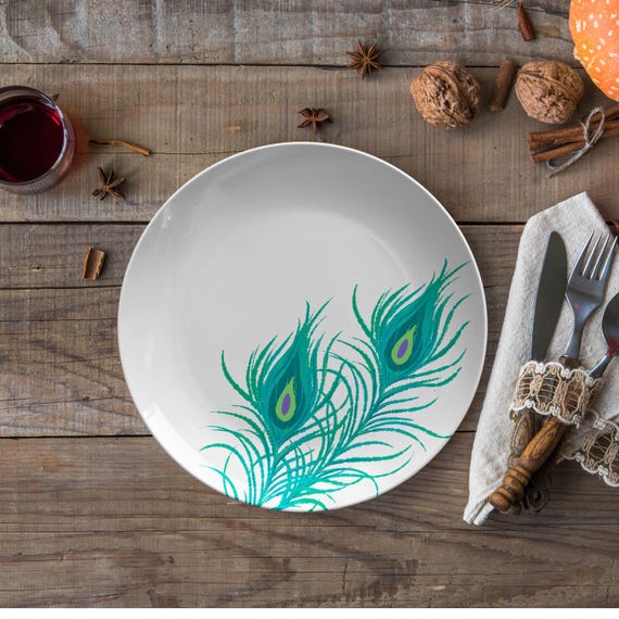 Plato de pluma de pavo real de 25 cm, plato decorativo, vajilla