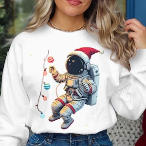 Kerstastronautensweater, Space Holiday-trui met ronde hals, feestelijke lichttrui, schattige astronautentrui kerstmuts