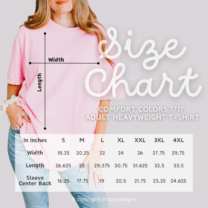 May include: A light pink adult heavyweight t-shirt with a size chart. The chart shows measurements in inches for width, length, and sleeve center back for sizes S through 4XL. The text "Size Chart" is in a cursive font.
