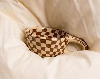 Ceramic Checkerboard Mug | Coffee Mug | Brown & Black Check Mug | Cappuccino Mug | Checkered Mug | Unique Mug | Gift For Her | Checkerboard