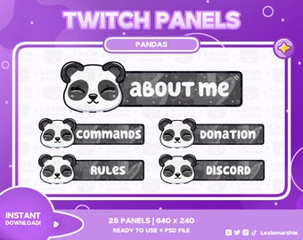 Painéis de Panda Fofos para Twitch | 28 Painéis de Panda Twitch | Painéis de Design Estético Minimalista | Estética de Stream Kawaii
