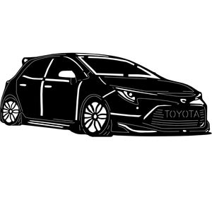 Peut inclure: Silhouette noire et blanche d'une voiture Toyota. La voiture est une berline à hayon au design sportif. La voiture a une grande calandre avant et un aileron à l'arrière.